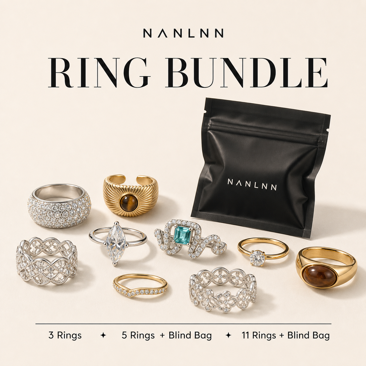 Nanlnn ring bundle set with multiple ring styles
Stackable ring bundle with bonus blind bag gift
Nanlnn 3 5 11 piece ring jewelry bundle
