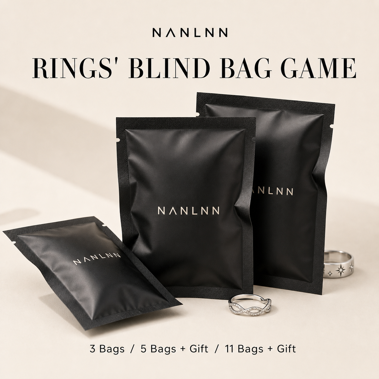 Nanlnn ring blind bag game with surprise ring bags
Surprise ring blind bag package with bonus ring gift
Nanlnn jewelry mystery ring bags for live shopping